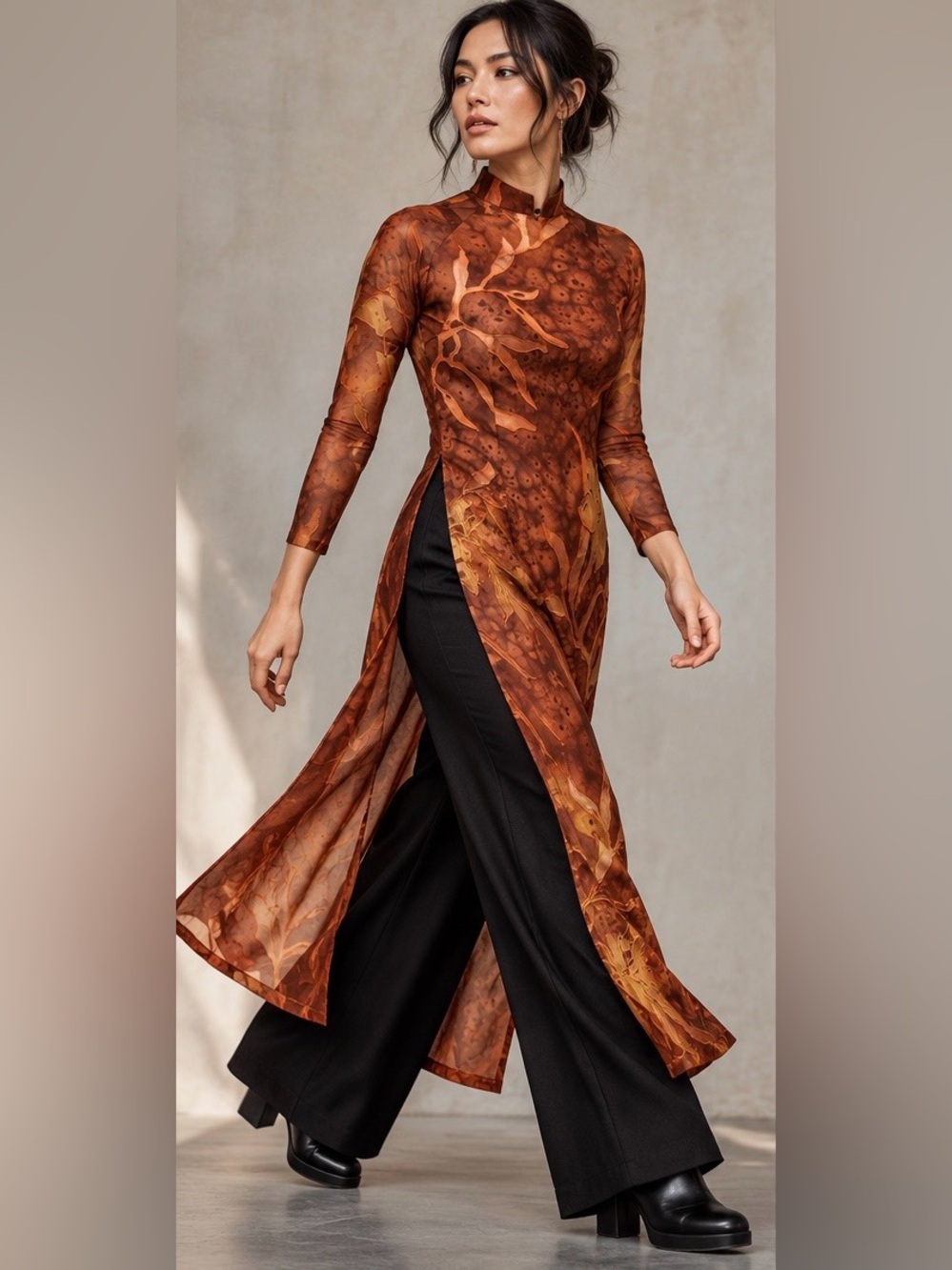 SΔ© HoΓ ng Vietnamese Designer Ao Dai Burnout Floral Art to Wear Tunic XS
